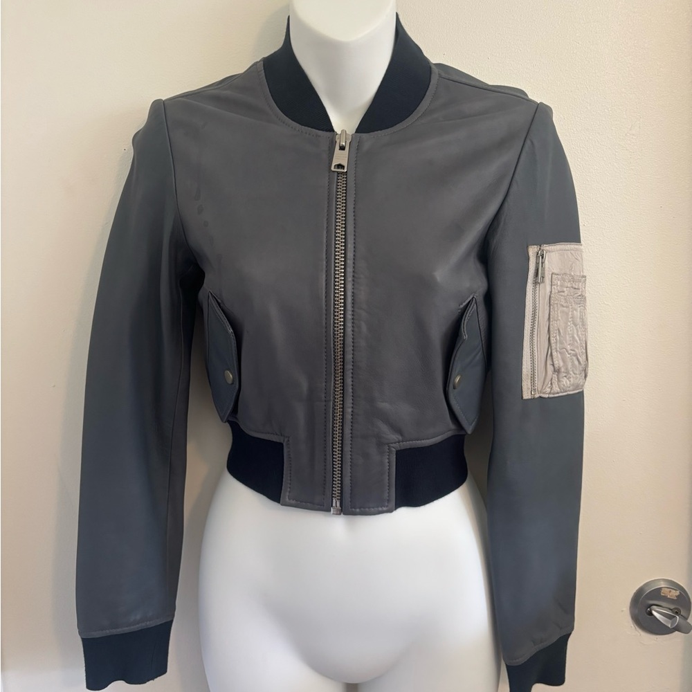 All Saints Wells Blue/ Gray Bomber Jacket with Ribbed Collar and Cuffs